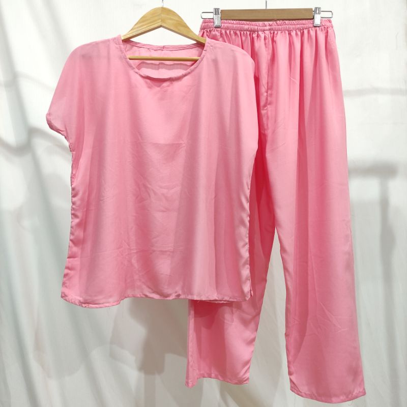 BAJU TIDUR POLOS PIYAMA POLOS CELANA PANJANG LENGAN PENDEK BAHAN RAYON babbydoll-POLOS PEACH