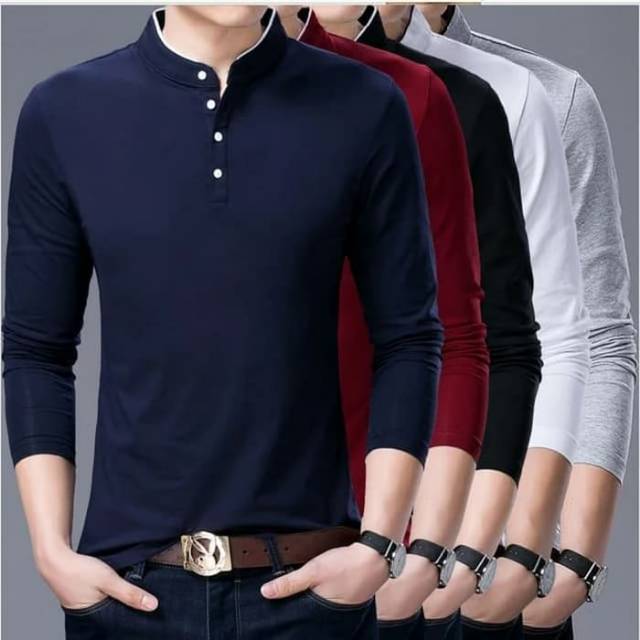 [PREMIUM] Kaos polos lengan panjang kerah shanghai koko Vneck