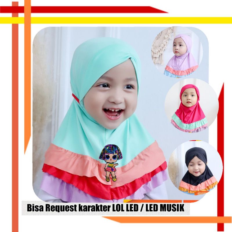 JILBAB ANAK BAYI LUCU 0-3 TAHUN LOL LED MUSIK / HIJAB BAYI ARSYI PELANGI LOL LED MUSIK
