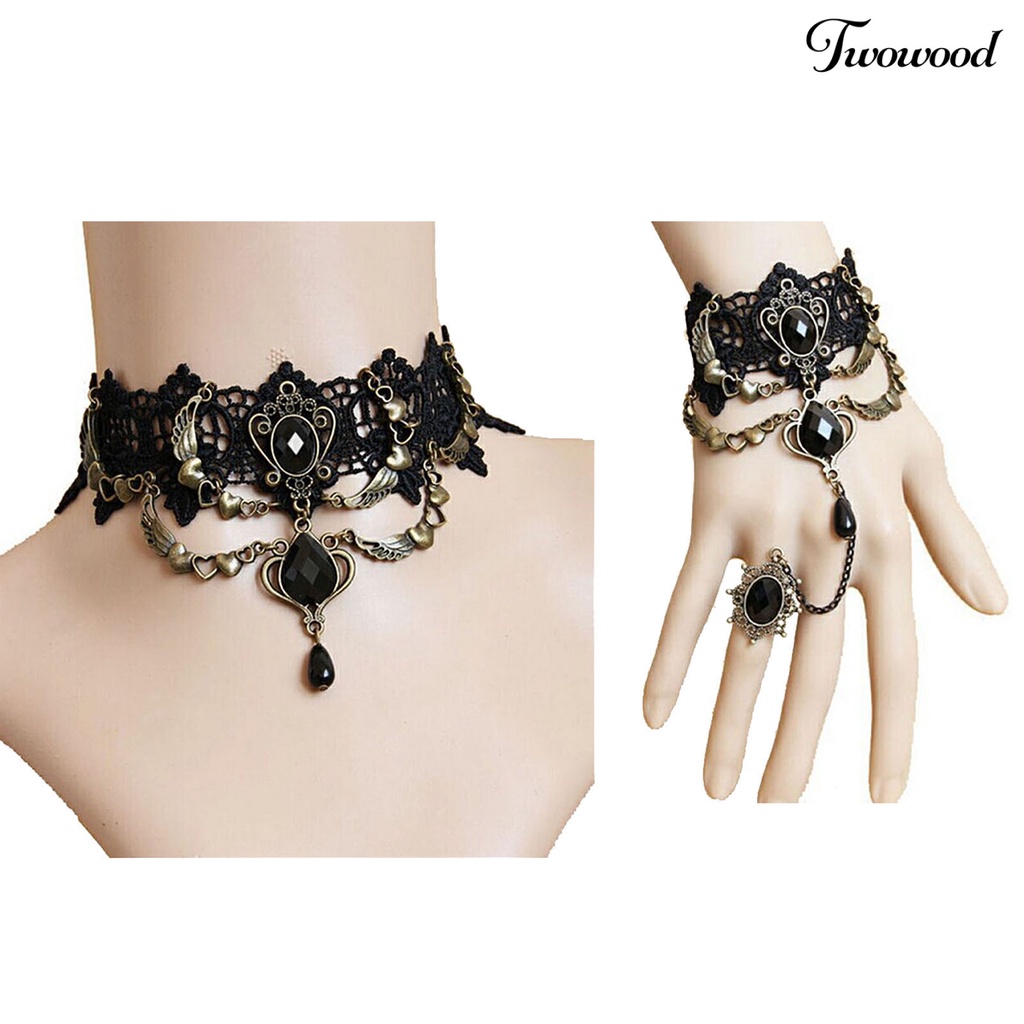 Kalung Gelang Cincin Bahan Lace Warna Hitam Gaya Gothic Punk Untuk Wanita