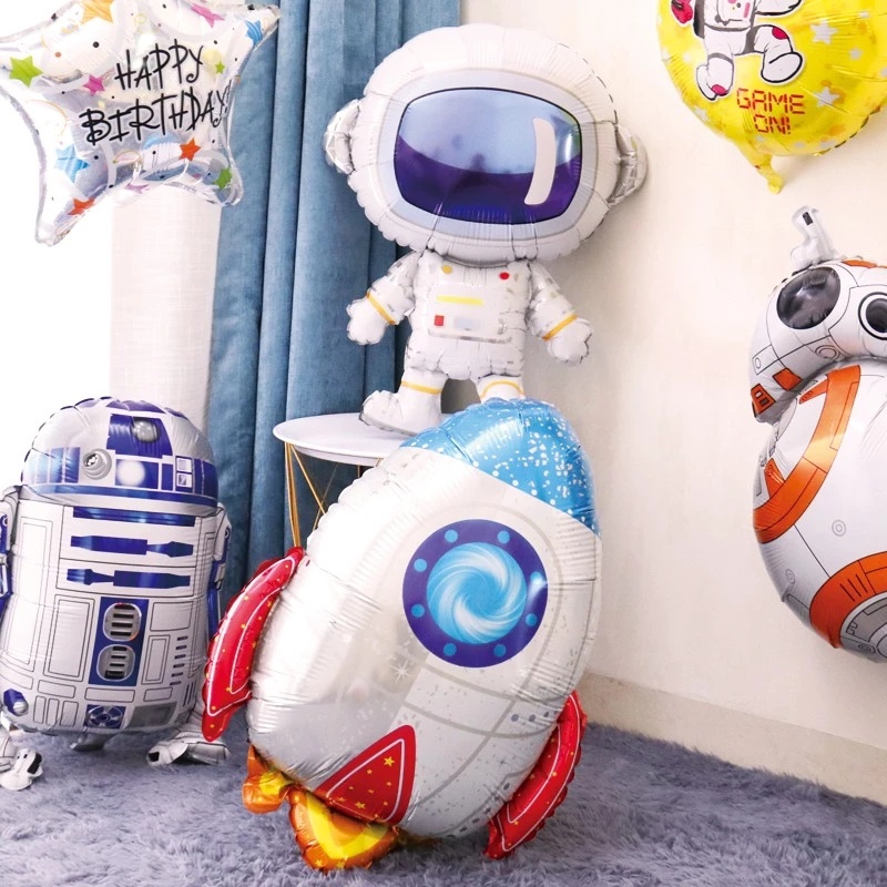 Ornamen Balon Bentuk Ufo Spaceman Rocket 4D Bahan Aluminum Foil Untuk Dekorasi Pesta Ulang Tahun Anak