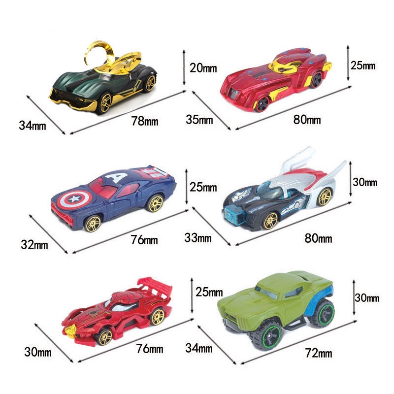 6pcs/box1: 64roda Superhero Mobil Alloy Metal Marvel Avengers DC Spiderman Ironman Loki Batman Model