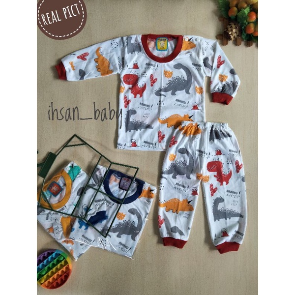 setelan panjang bayi katun putih motif dino