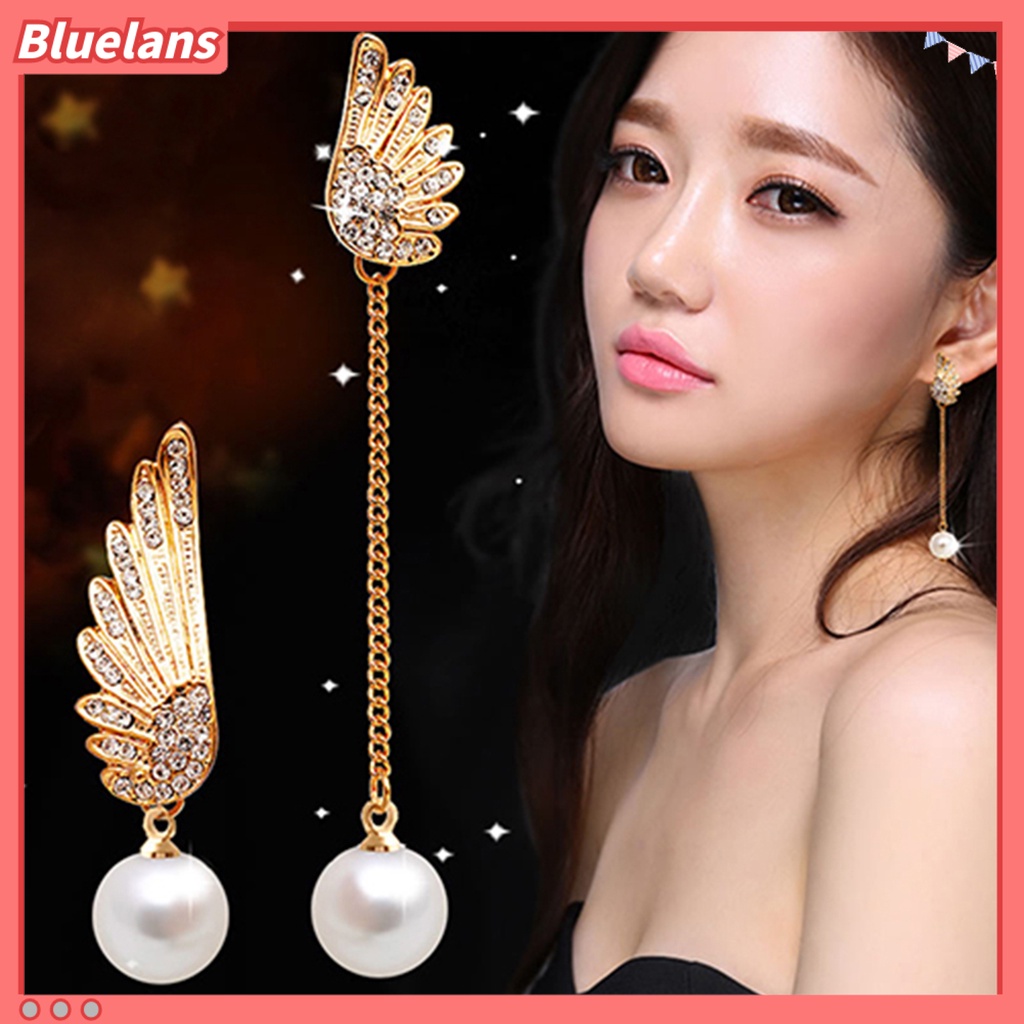 Bluelans 1 Pasang Anting Dangle Bentuk Sayap Aksen Mutiara Berlian Imitasi Untuk Wanita