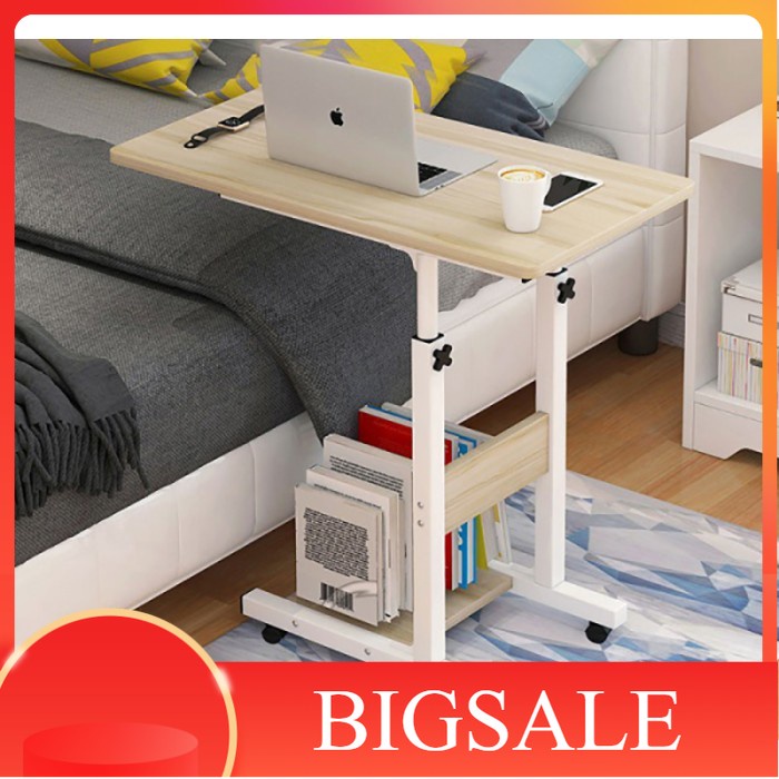 Meja Kayu Rak Laptop Adjustable Portable 4 Roda dengan 1 Rak