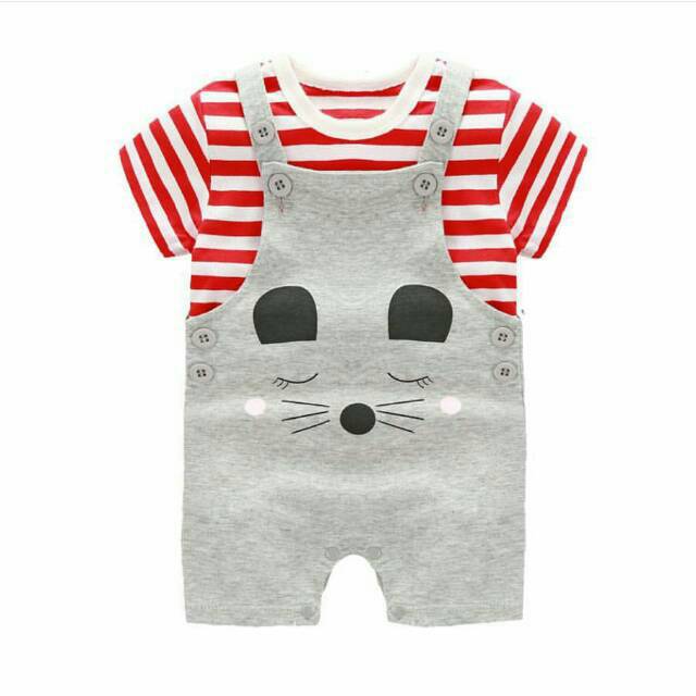 Romper baju setelan overall merah abu lucu unik impor cotton murah anak bayi laki-laki cowok cute