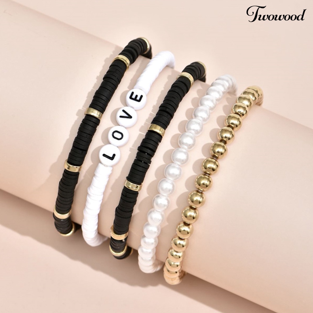 5pcs Gelang Bahan Polymer Clay Motif Tulisan Love Warna-Warni Gaya Bohemian Untuk Unisex