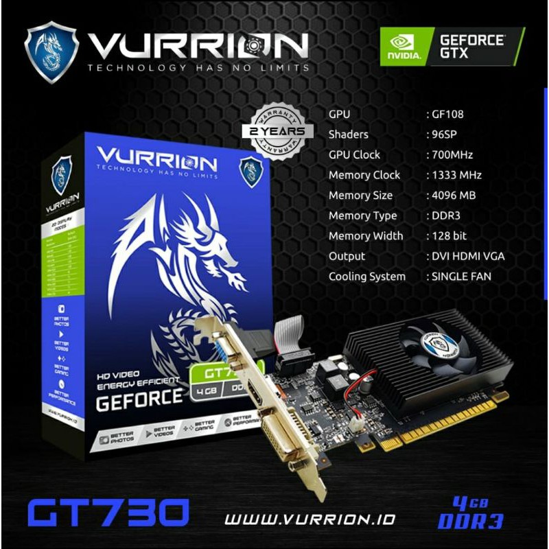 Vga Card Gt730LP Vurrion Ddr3 4Gb 64Bit Nvidia Geforce ORIGINAL RESMI