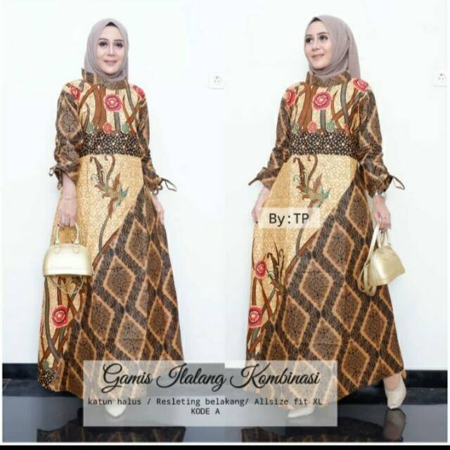 GAMIS ILALANG KOMBINASI LENGAN SERUT BATIK SOGAN ETHNIC SERAGAM KONDANGAN WANITA MUSLIM LONG DRESS