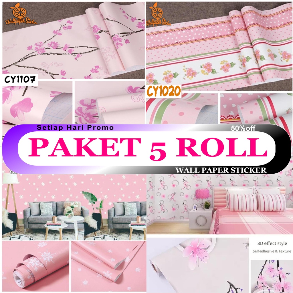 Wallpaper Dinding Paket 5 roll Wallstiker-Motif Bunga Pink Stiker Dinding Motif Kayu Lccreative