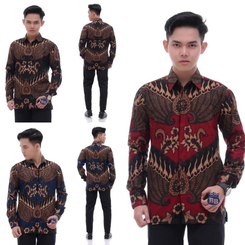 Batik Kemeja Pria Motif Sayap Api Ukuran Jumbo Warna Merah Hitam Biru