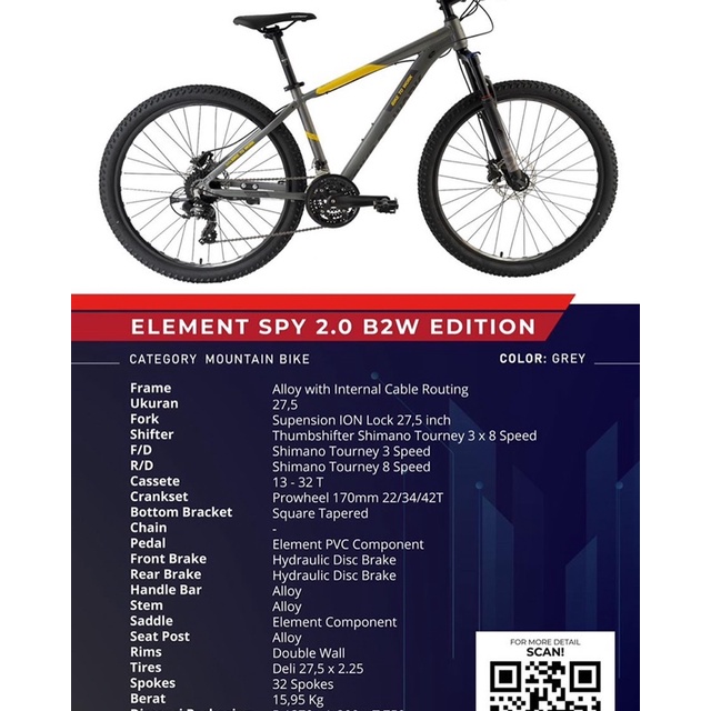 promo mei 27.5” mtb element spy 2.0 b2w 3x8Sp Shimano Altus Tourney hydro brake fork lock alloy fram