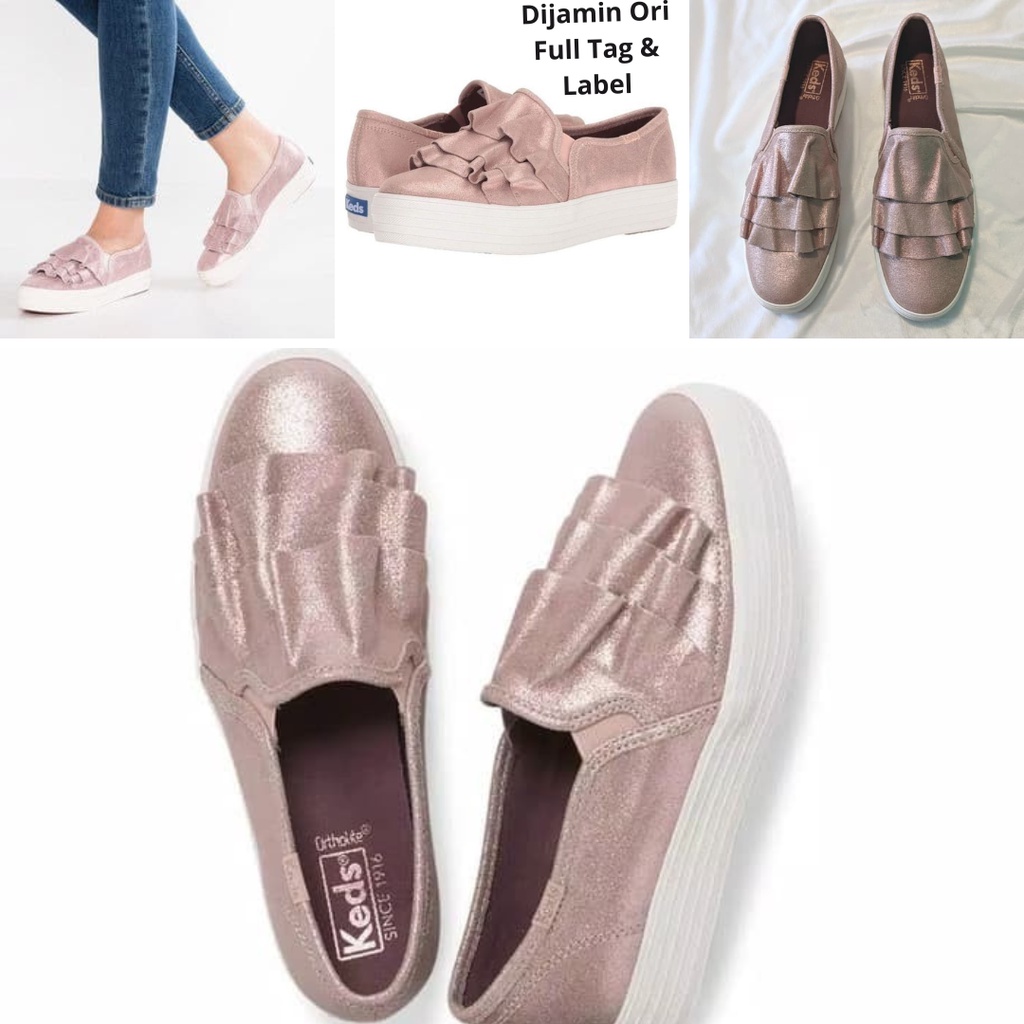 Sepatu Keds Triple Ruffle Glitter Suede Rose Gold
