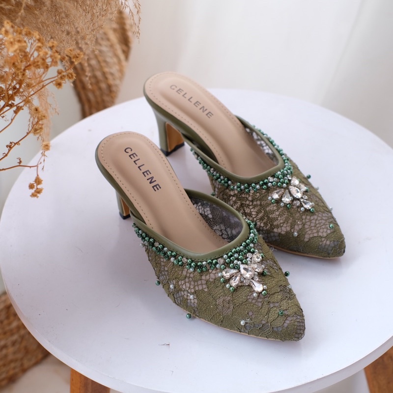𝗖𝗘𝗟𝗟𝗘𝗡𝗘 Iseul Beads Heels 5warna | Wedding shoes 7 cm selop brokat payet pengantin