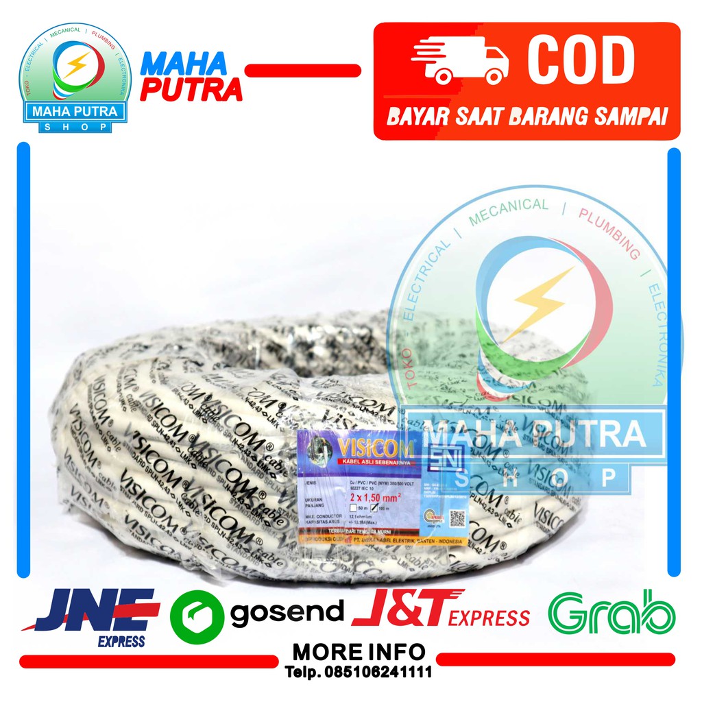 KABEL PUTIH NYM UKURAN 2X1.5 MM MERK VISICOM PANJANG 100M. KABEL LISTRIK BEST SELLER