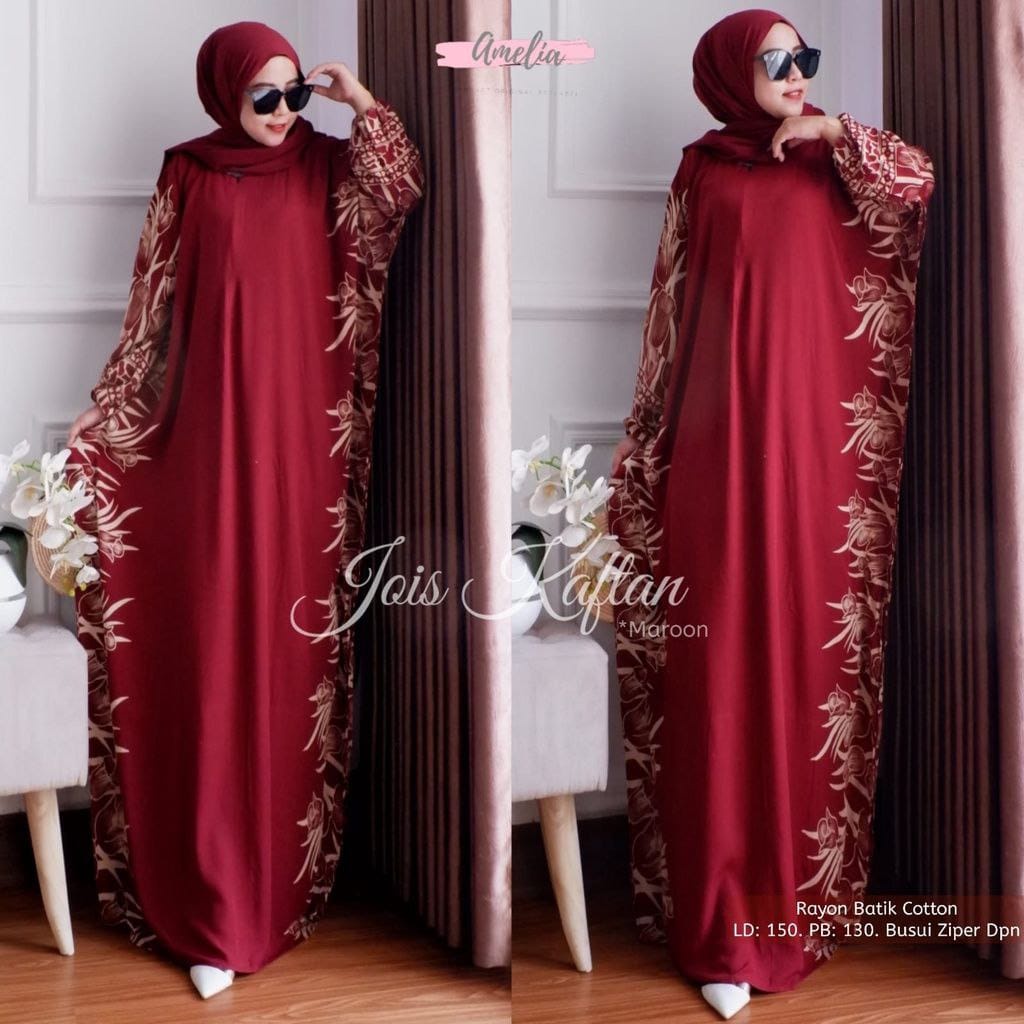 Aminah Kaftan Wanita Super Jumbo XXXXL Burgundy Motif Bunga Tulip Warna Soft Lengan Panjang Busui Rayon Tebal Gamis Rayon