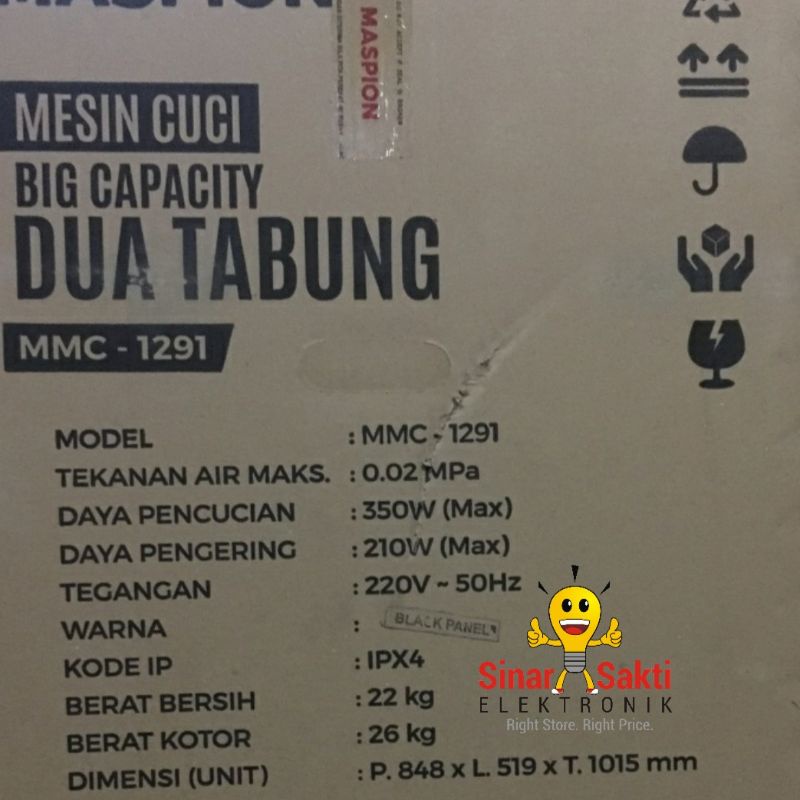 Maspion Mesin Cuci 2 tabung 9 kg 12 kg Jumbo MMC 1291 MMC1291 Garansi