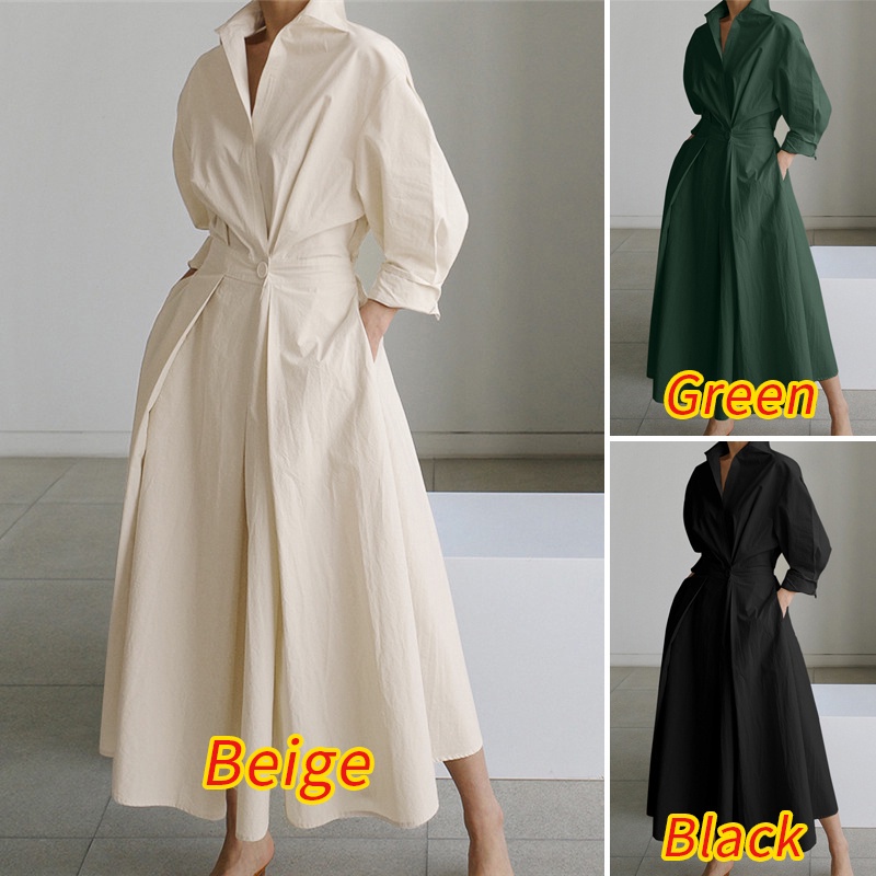 ZANZEA Women Long Sleeve Turn-Down-Collar Solid Color High Waist Casual Maxi Dress