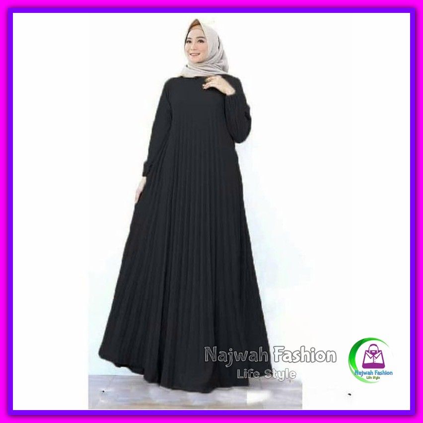 Jual Baju Long Dress Wanita Higet Super Plisket Premium Maxi Dress Gamis Syari Amanda Hitam Murah