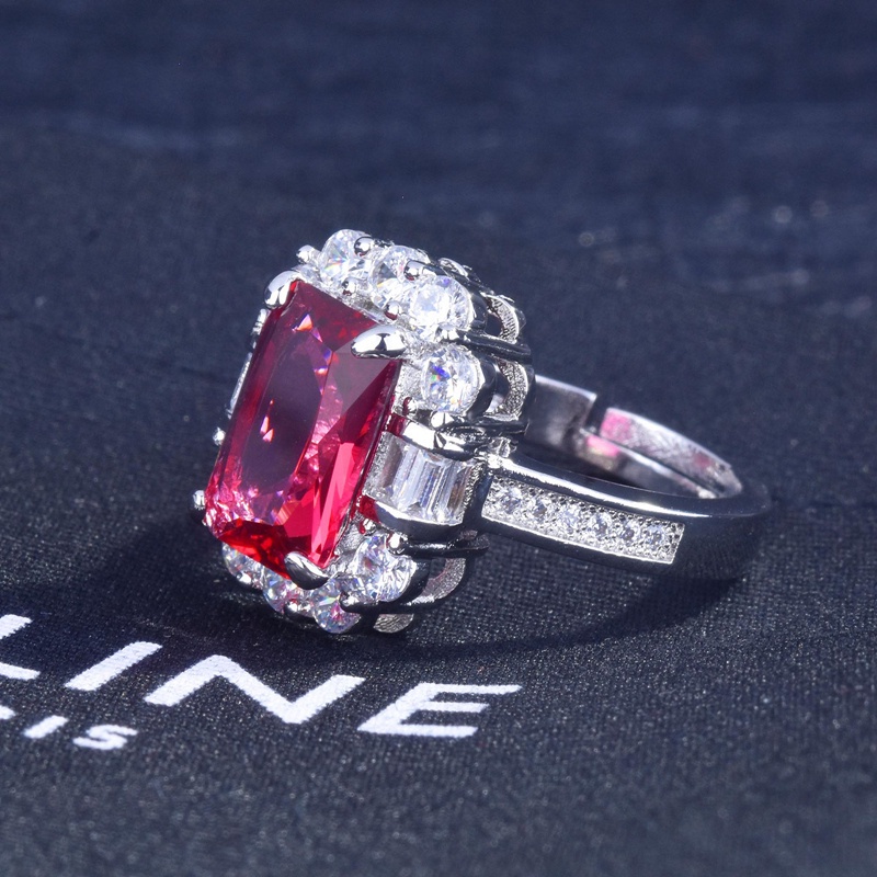 Fancyqube Cincin Silver Hias Batu Zircon Merah Bentuk Kotak Dapat Disesuaikan Gaya Vintage Untuk Wanita