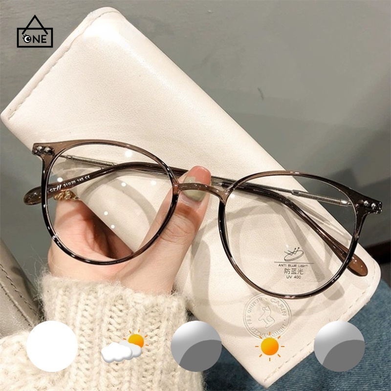 COD❤️Kacamata Anti Radiasi Photochromic Bentuk Bulat Anti Blue Light Bahan Metal Gaya Korea Untuk Pria Dan Wanita Photocromic