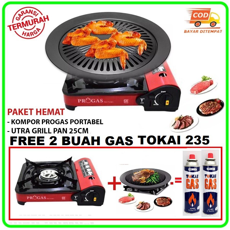 Paket Barbeque/BBQ Set Kompor Portable PROGAS Tas +  Grill plate free 2 buah gas kaleng TOKAI 235 gr