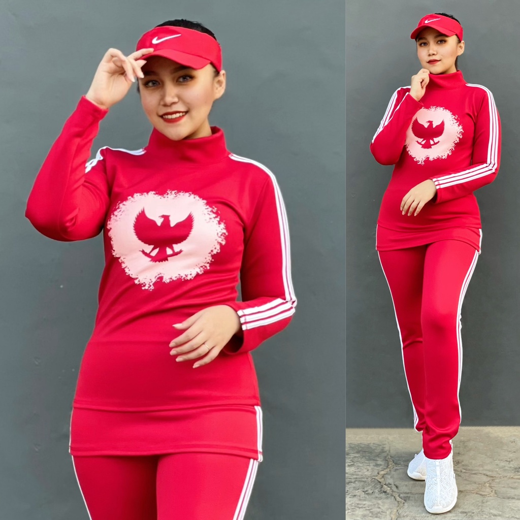 Setelan Baju Senam Aerobic Zumba Gym Fitness Jogging Olahraga Hijab Muslim MERAH PUTIH GARUDA