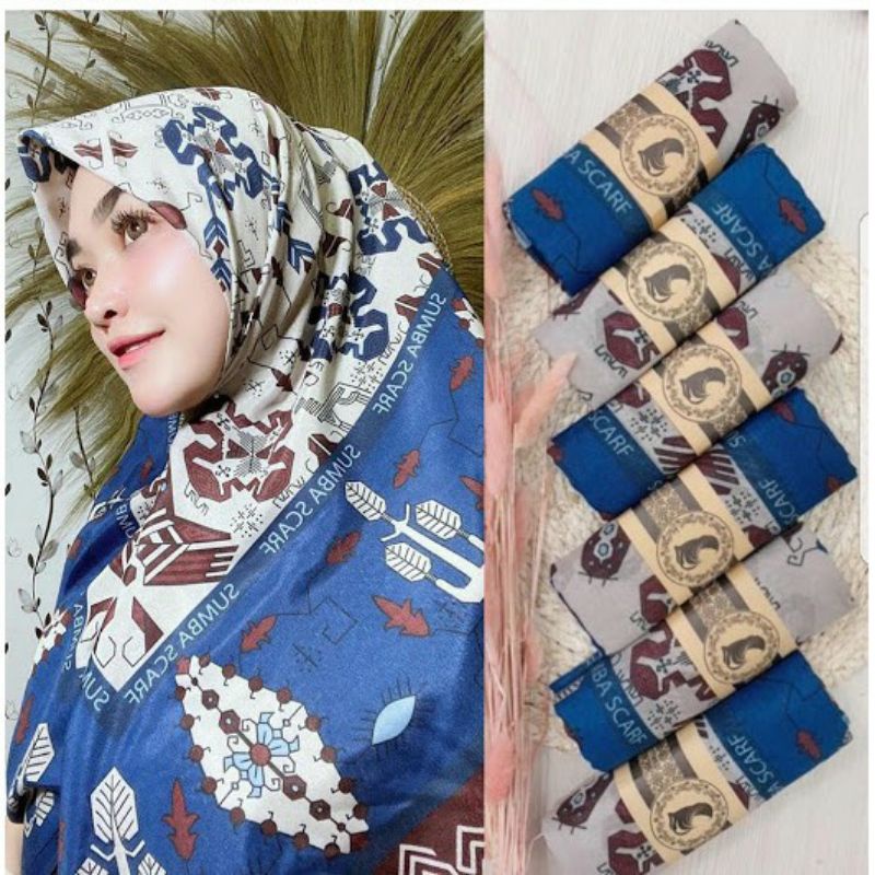 hijab segi empat voal navy motif batik sumba