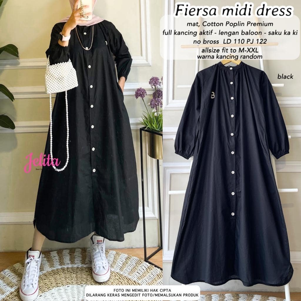 Tunik Panjang Kekinian Fiersa Midi Dress Atasan Katun Long Tunik Kancing Depan Gamis Midi Dress Baju Remaja Wanita