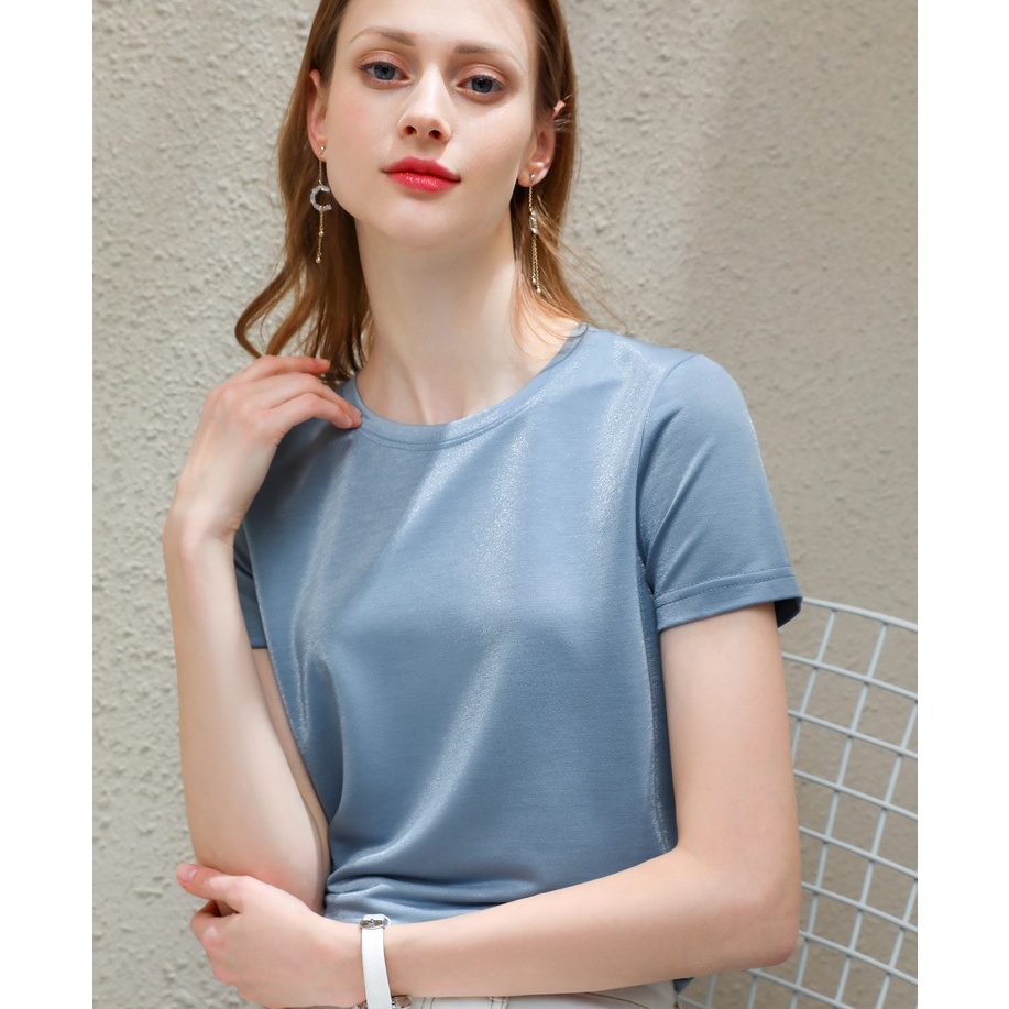 【Moon Blush】Korean Halus Lembut Solid Round Neck Satin  T-shirts 7242