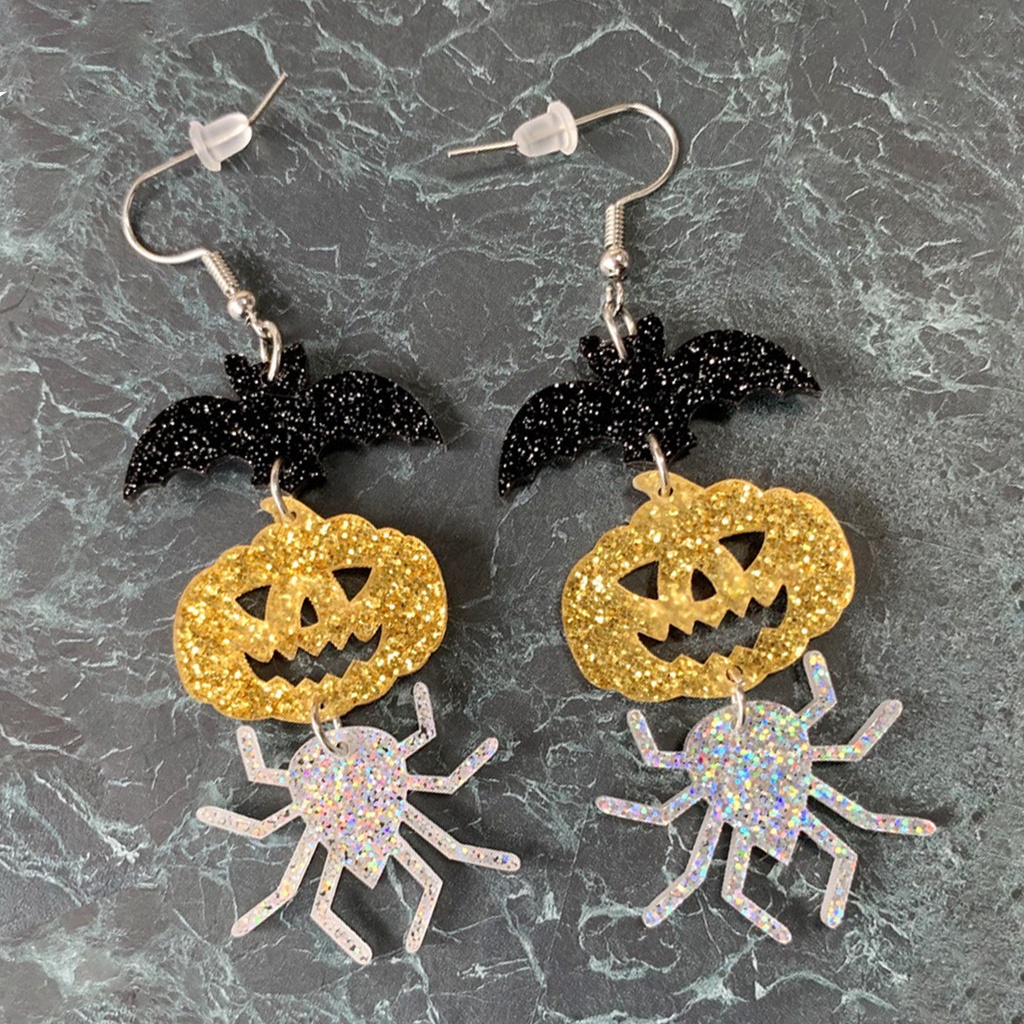 Hu Hu Hu Hu Hu Alat Bantu Pasang Kacamata♡ 1 Pasang Anting Kait Panjang Bentuk Kelelawar Labu Laba-Laba Bahan Akrilik Glitter Untuk Pesta Halloween