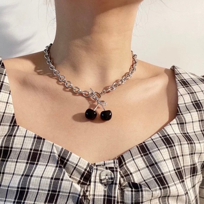 Punk Style Black Titanium Steel Necklace with Cherry Buckle