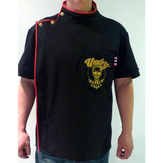 Kemeja barbershop Baju Koki Seragam formal Baju cukur rambut Kemeja Koki abu list hitam japan drill
