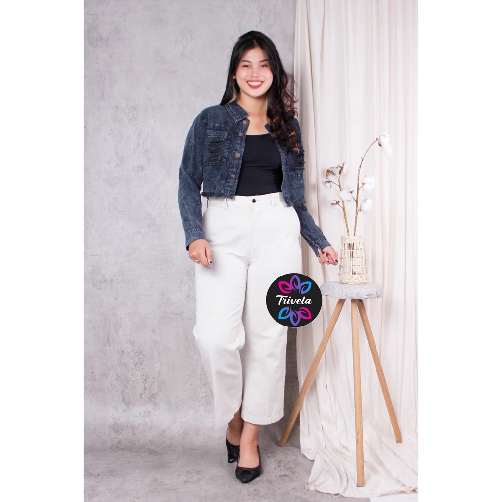 JAKET JEANS CROP SOBEK KANTONG JUMBO / JAKET JEANS XL / JAKET CANDY