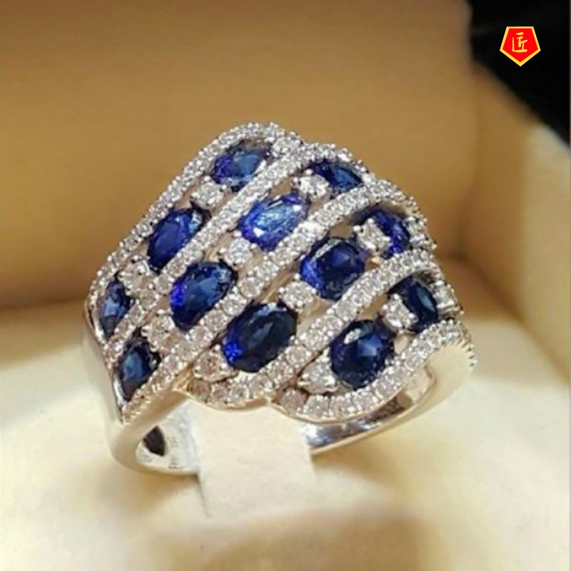 [Ready Stock]New Personalized Inlaid Sapphire Micro-Inlaid Gemstone Ring