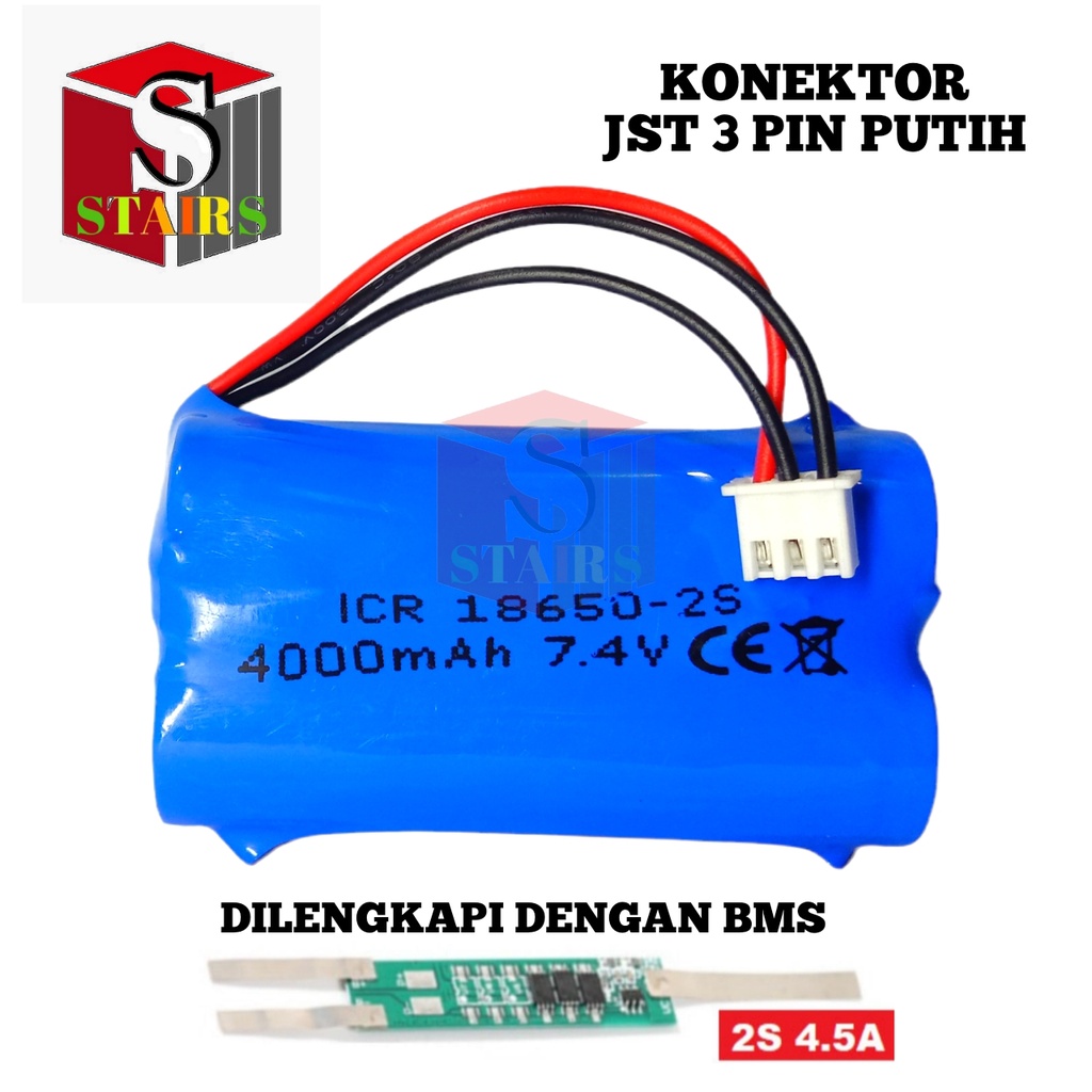 Baterai RC/ Baterai Speker Bluetooth &amp; Elektronik Lainnya 2x 18650-2S 4000mAh 7.4V PROTEKTOR BMS 4,5A Konektor JST 3 PIN PUTIH