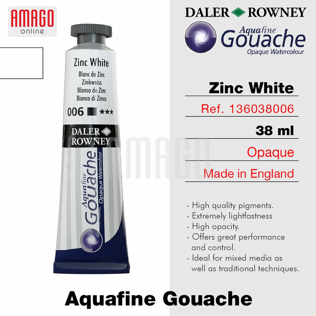 

DALER-ROWNEY Aquafine Gouache Opaque Watercolour 38 ml - Cat Air Lukis - ZINC WHITE - 136038006