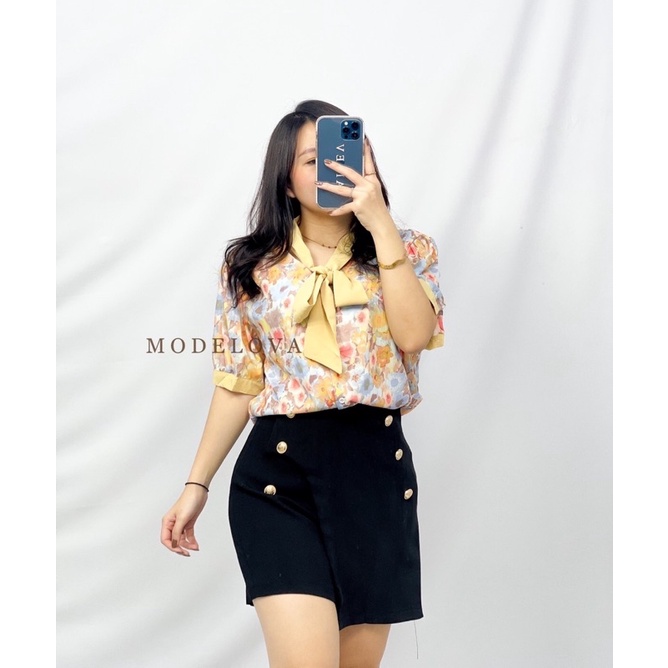 MDLV ~ 2444# Elverta Tie Neck Top Atasan Blouse Wanita Fashion Import