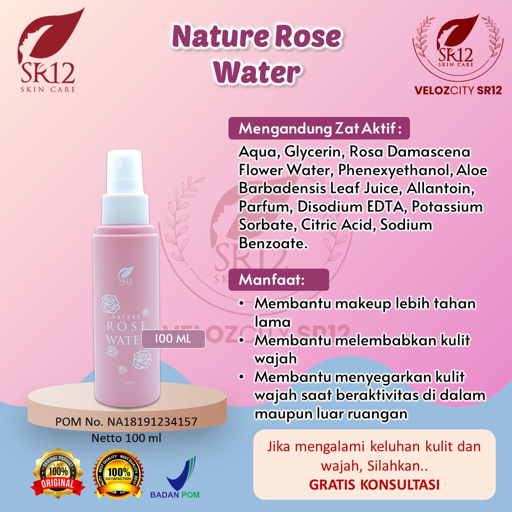 Nature Rose Water SR12 Air Mawar Setting Spray melembabkan Kulit Membantu Make Up Tahan Lama Herbal BPOM