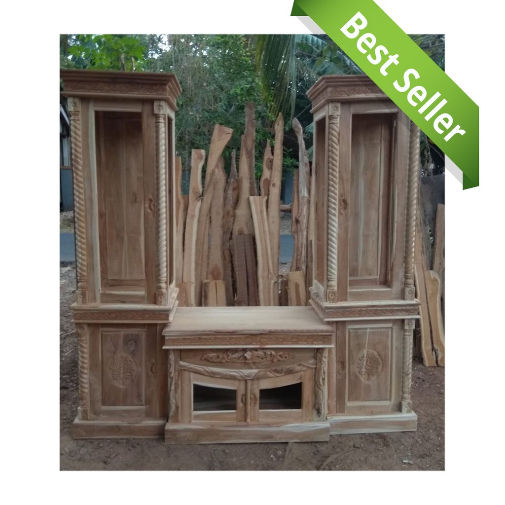 Lemari TV Kayu Jati Free Kaca Mentah