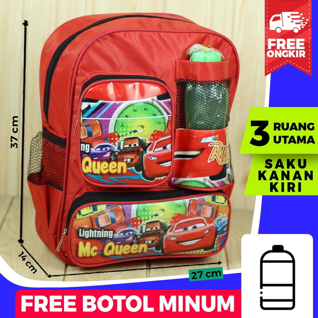 ( BONUS BOTOL MINUM ) Tas Ransel Anak Cowok Tas Sekolah Karakter Cars Merah Back Pack Fashion Kids