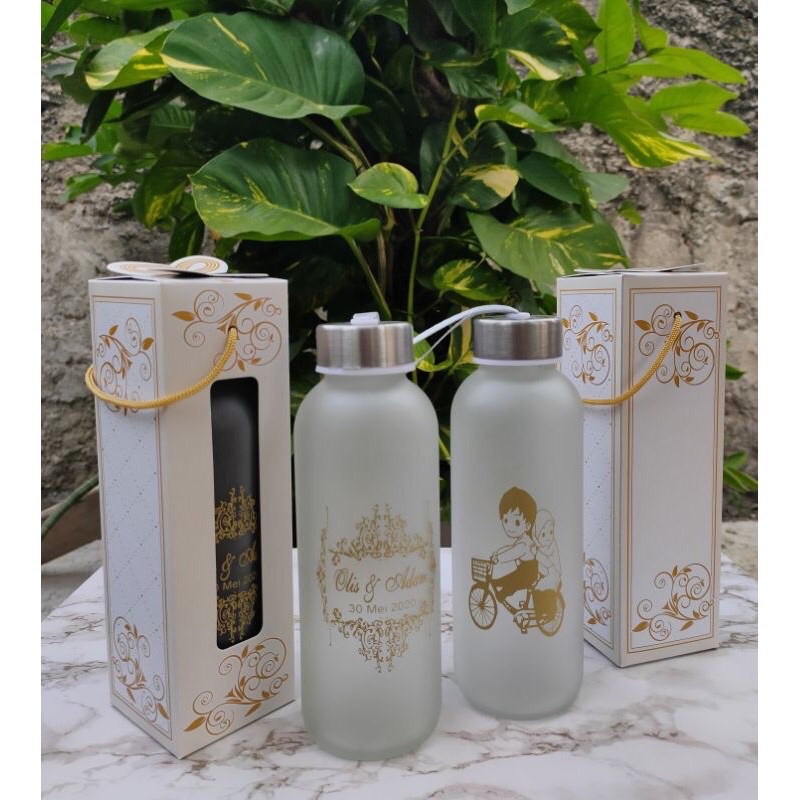 Souvenir Botol tumbler kaca dove 420ml kemas box+custom sablon