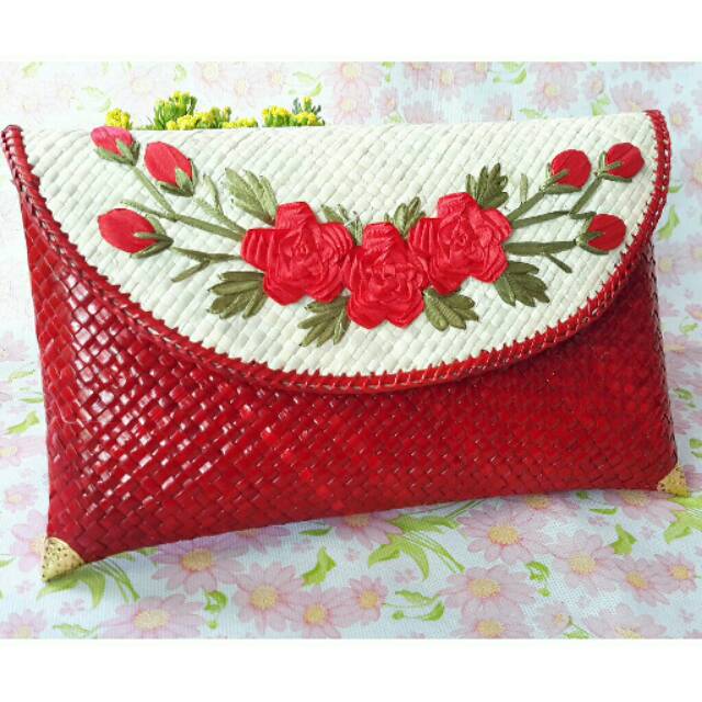 CLUTCH ANYAMAN PANDAN BUNGA SULAM DOMPET ANYAMAN PANDAN MURAH