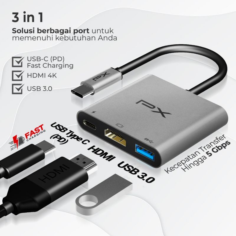 USB Hub Type C 3.1 to USB Converter Macbook Laptop 4K HDMI 3 in 1 PX UCH03