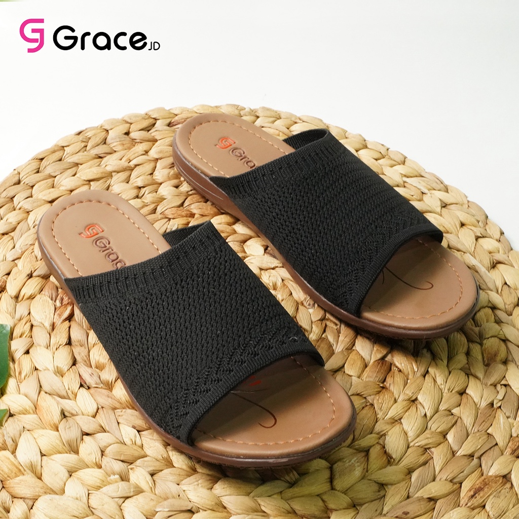 Grace(RJB 01)/Sandal Teplek Wanita Distro Selop Rajut elastis Flat/sandal slop karet rajut cewek Murah-HITAM