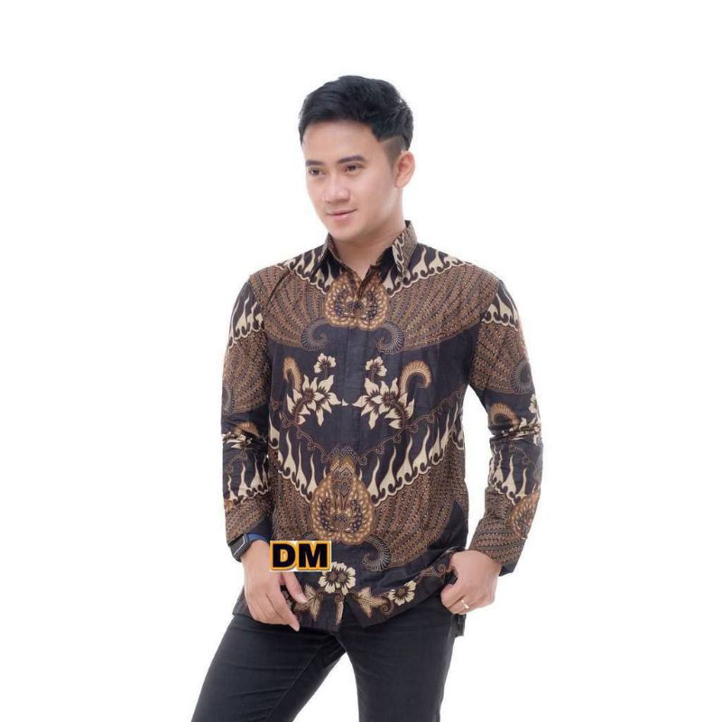 Kemeja Batik Cowok Lengan Panjang Ungu Abu Hitam Coklat Biru Merah Ukuran M L XL XXL/ Baju Batik Cowok