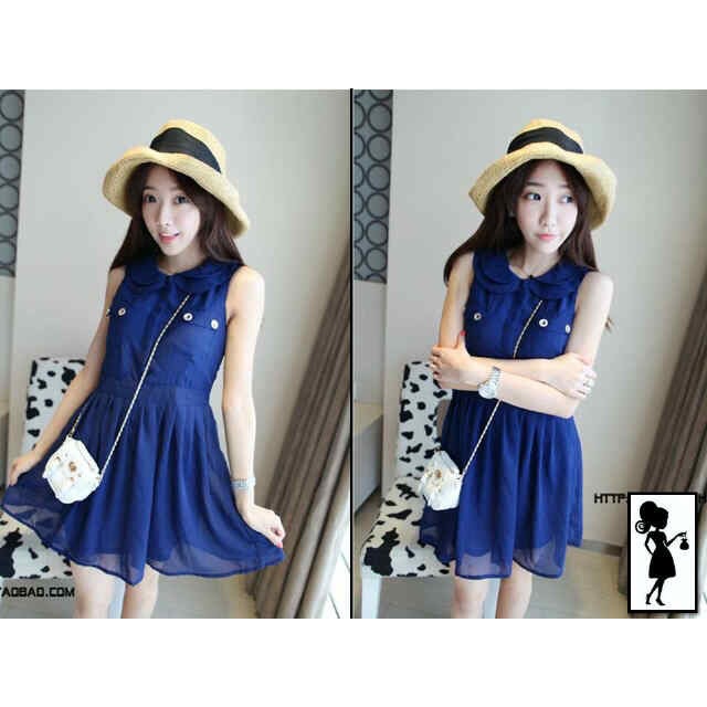 FREE ONGKIR Electric Blue White Button Collar Dress Terusan Biru Elektrik Berkerah Import Casual