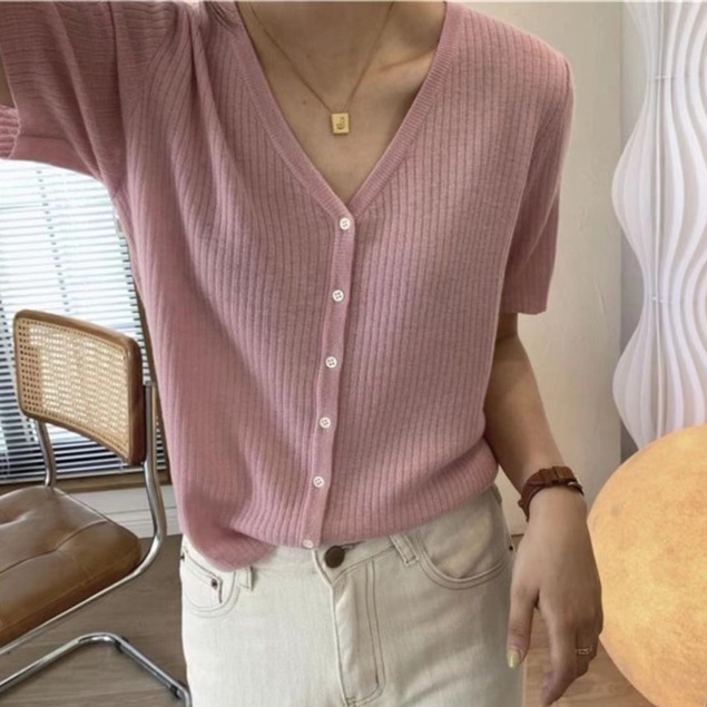 【Elegant】Plain Ribbed Button  V-Neck knittingTops T-Shirt Cardigan 7425