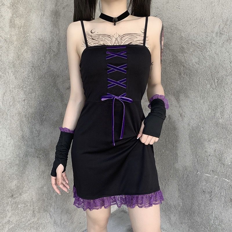 [Goth] Sexy Rope Mini Slip Dress with lace edge 8597 (S/M/L)