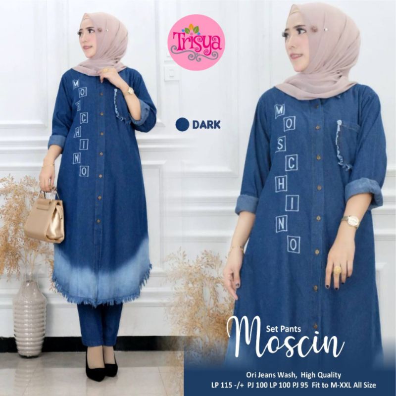 Trisya Setcel Jeans ~Setelan Baju jeans Wanita Moscino Jeans Ori Fit M-XXl